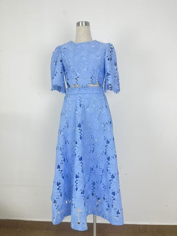 Spring And Summer Embroidery Hollow Round Horn Short Top + Holiday Water-Soluble Lace Skirt Dress Suit